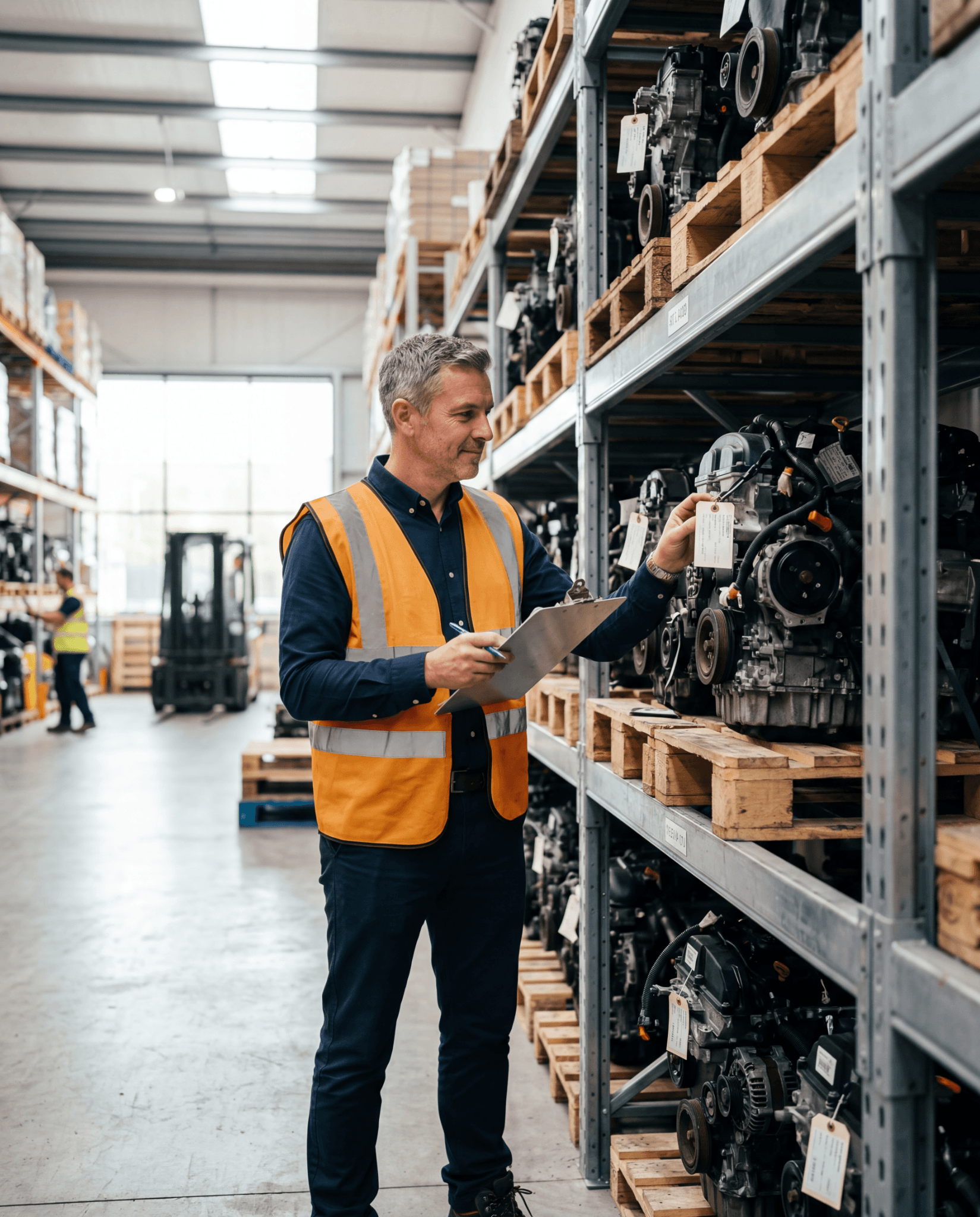 Warehouse worker reviewing inventory in a UK auto-parts warehouse
