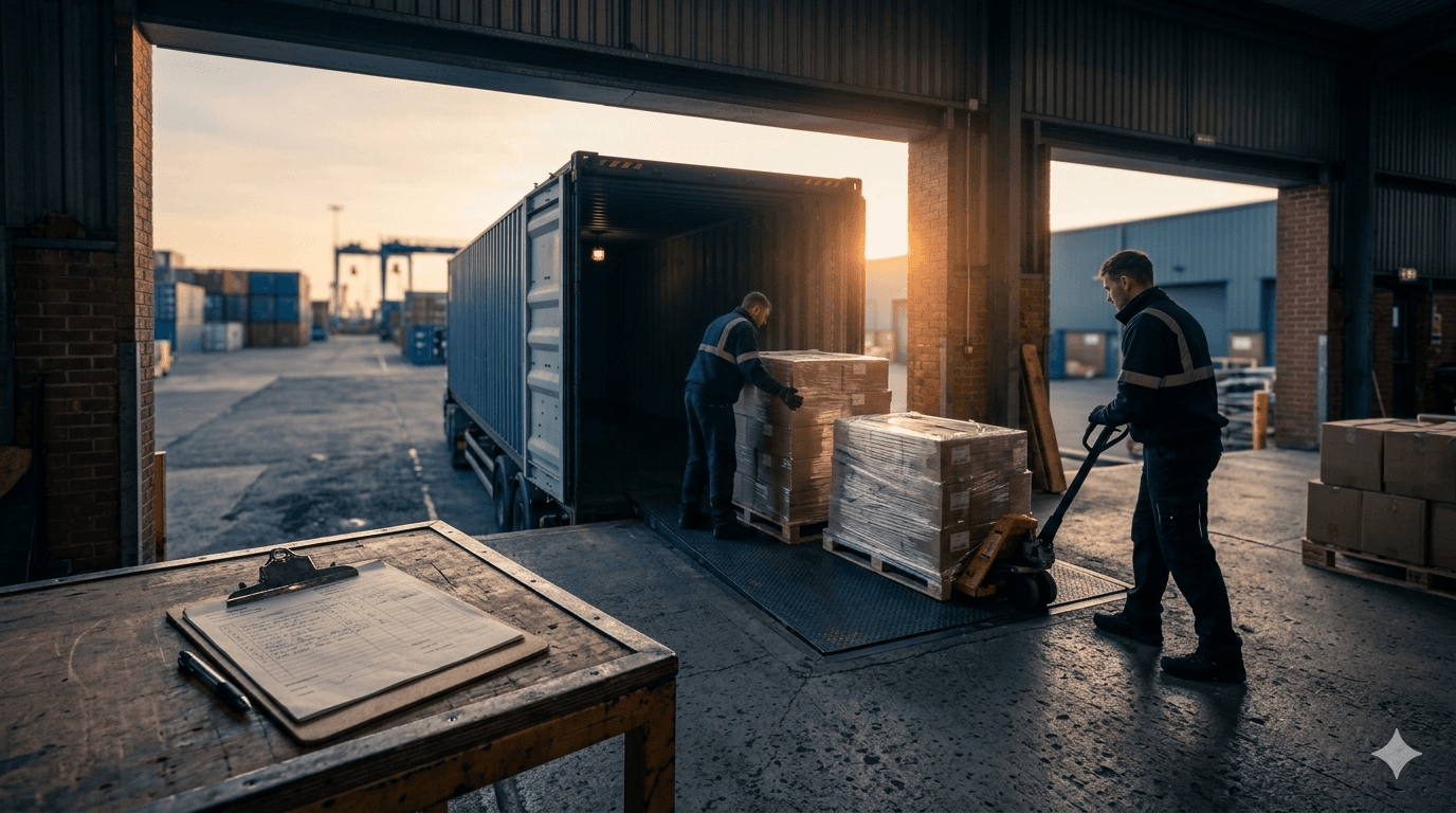 Container loading at a UK port bound for international shipping